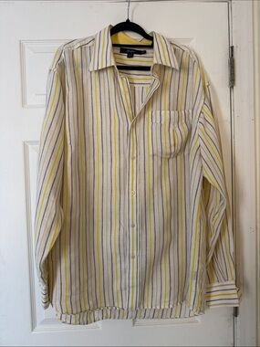 Sean John Striped Linen Button Down Shirt XXL Yellow Brown White Casual Summer